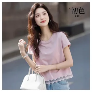 【初色】韓版純色圓領短袖蕾絲花邊T恤上衣女上衣-共2色-12063(M-2XL可選)
