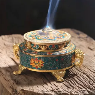 【貴氣迷人】景泰藍旺財薰香爐(吉祥財 蓮花 纏枝文 雙獅耳 奉香 拜拜 防腐 環保 可拆卸 禮物 佛教 信仰)