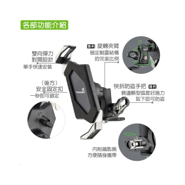 【TAKEWAY】黑隼Z機車手機架-基本款-後照鏡防盜版-耀石黑(LA3-PH05/重機/摩托車導航手機夾)