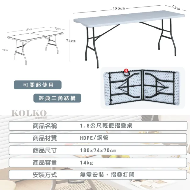 【KOLKO 克魯克家居】多功能折疊桌-寬180公分(折疊會議桌 萬用工作桌 折合桌 方桌)