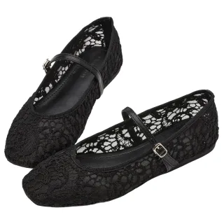 【Grace Gift】古典浪漫蕾絲繡花平底瑪莉珍芭蕾舞鞋(黑)