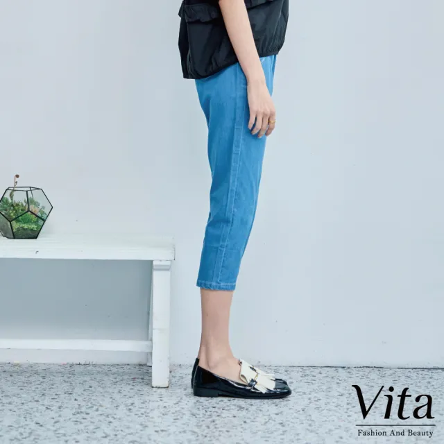 【MYSHEROS 蜜雪兒】VITA 棉質造型八分牛仔褲 鬆緊腰頭 率性刺繡條紋口袋(二色任選)