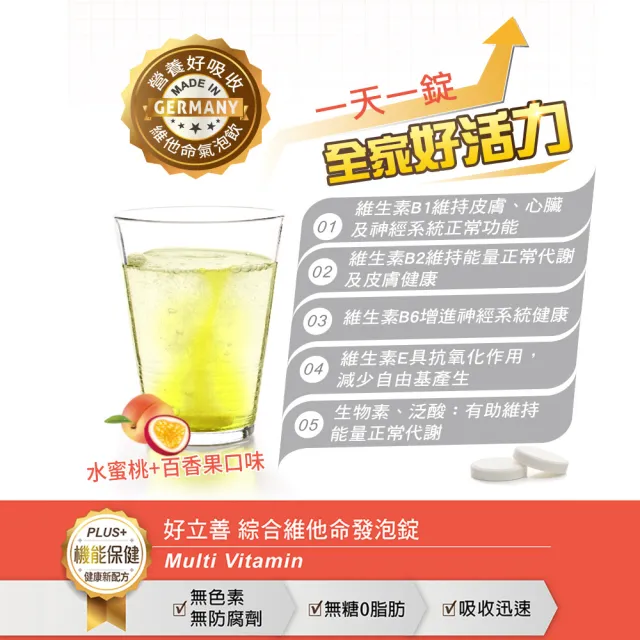 【Heilusan 好立善】綜合維他命發泡錠20錠3入組(水蜜桃百香口味 B群.維他命C+E+葉酸+生物素.液態好吸收)