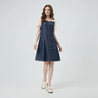 【ILEY 伊蕾】蝴蝶結排釦拼接棉質牛仔洋裝(深藍；M-XL；1252678705)