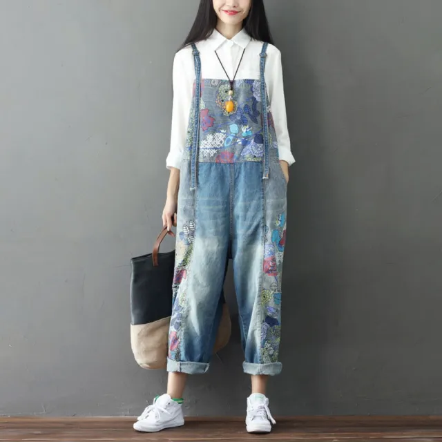 【巴黎精品】復古牛仔吊帶褲大碼寬褲直筒褲落地褲休閒女裝(做舊拼接牛仔褲花女長褲子2色n1ir1)
