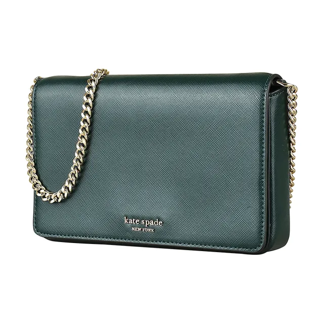 【KATE SPADE】Kate Spade spencer金LOGO防刮皮鏈帶斜背包(深常綠)