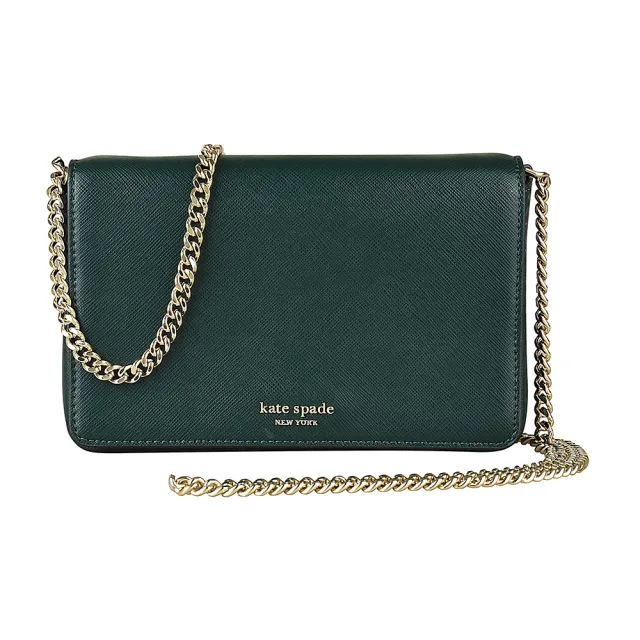 【KATE SPADE】Kate Spade spencer金LOGO防刮皮鏈帶斜背包(深常綠)