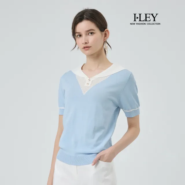 【ILEY 伊蕾】海軍翻領拼接縲縈針織上衣(淺藍;M-XL;1251175007)