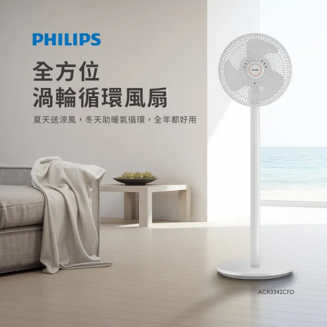 【Philips 飛利浦】10吋 全方位渦輪DC循環扇 自然扇 定時 16m超遠距離送風(ACR3342CFD)