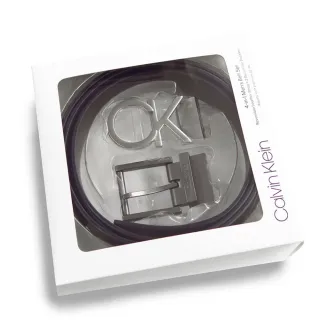 【Calvin Klein 凱文克萊】金屬雙釦 皮帶 禮盒組 腰帶雙面可用 商務休閒皮帶(黑色/咖啡色 雙面使用)