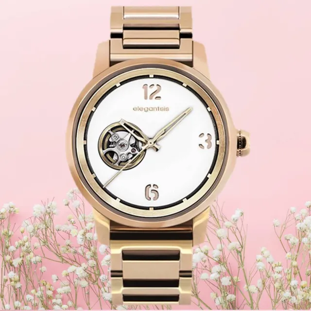 【elegantsis 愛樂時】GOLDEN FASHION 都會時尚面板鏤空機械女錶 玫瑰金 42mm 現貨(ELJT75A-NO03MA)