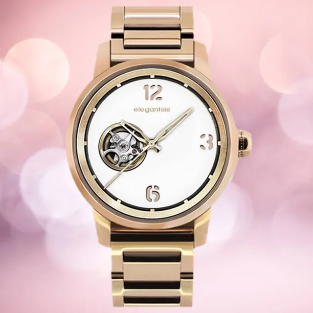 【elegantsis 愛樂時】GOLDEN FASHION 都會時尚面板鏤空機械女錶 玫瑰金 42mm 現貨(ELJT75A-NO03MA)