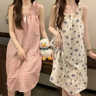 【NEW FORCE】甜心可愛滾邊肩帶睡裙(附胸墊睡衣/bratop/居家服/家居服/睡衣/睡裙/涼感睡衣)