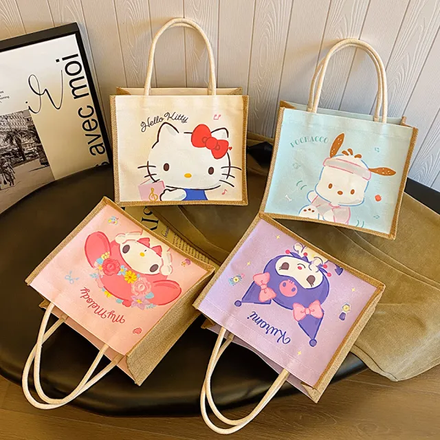 【SANRIO 三麗鷗】天然亞麻大圖像大容量手提包 酷洛米/帕恰狗/美樂蒂/凱蒂貓(手提袋)