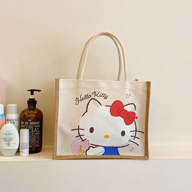 【SANRIO 三麗鷗】天然亞麻大圖像大容量手提包 酷洛米/帕恰狗/美樂蒂/凱蒂貓(手提袋)