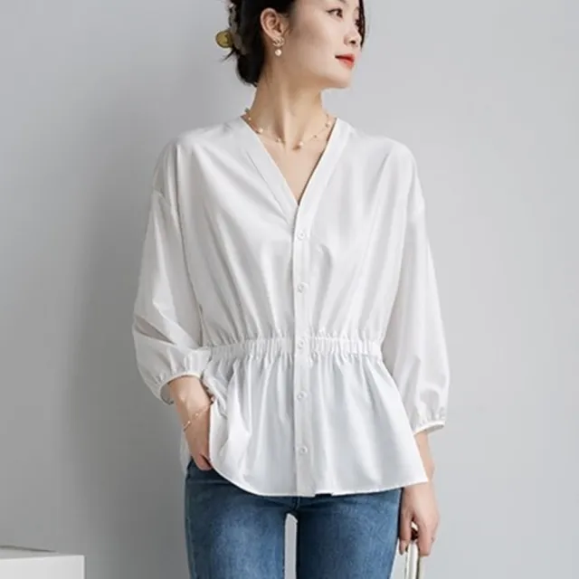 【米蘭精品】雙11優惠 襯衫燈籠袖上衣(V領減齡設計感小眾女裝t1ke87)