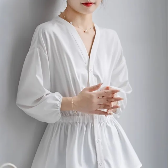 【米蘭精品】現貨+預購 襯衫燈籠袖上衣(V領減齡設計感小眾女裝t1ke87)