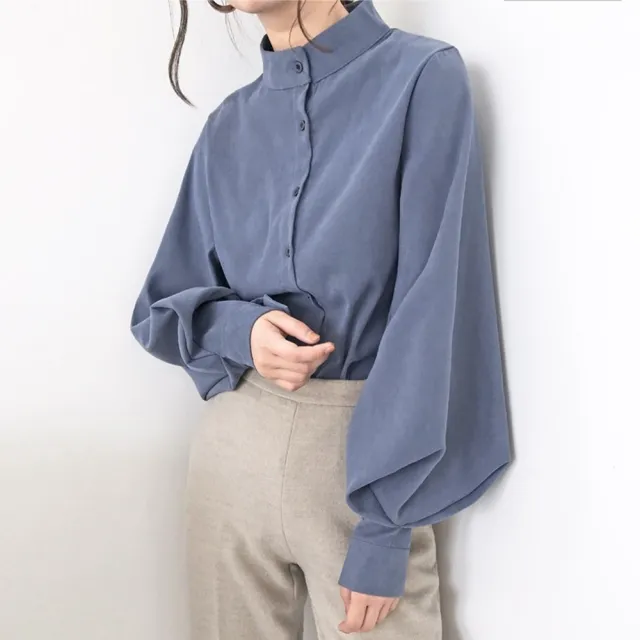 【米蘭精品】現貨+預購 襯衫燈籠袖上衣(港味復古立領純色女裝4色t1ke17)