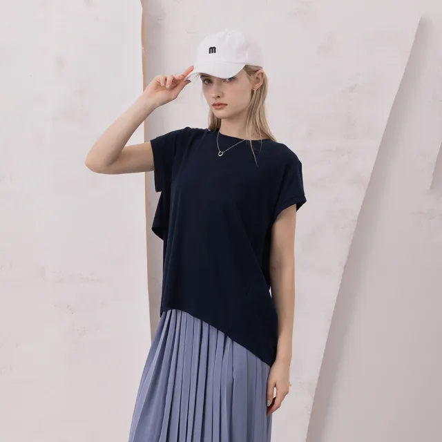 【MASTINA】圓領後波浪裝飾活片連袖短袖上衣(藍 紫/魅力商品)