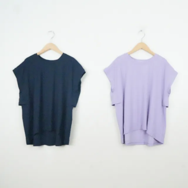 【MASTINA】圓領後波浪裝飾活片連袖短袖上衣(藍 紫/魅力商品)