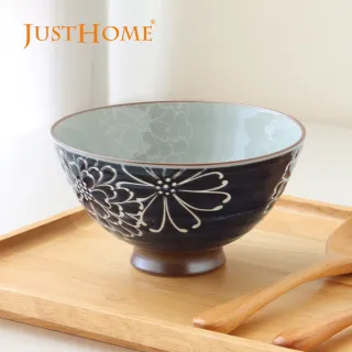 【Just Home】日本製美濃燒陶瓷5吋碗300ml-藍菊(深丸大平碗 可微波 碗 飯碗 碗盤)