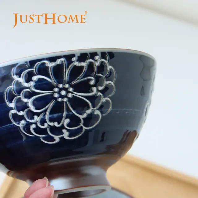 【Just Home】日本製美濃燒陶瓷5吋碗300ml-藍菊(深丸大平碗 可微波 碗 飯碗 碗盤)