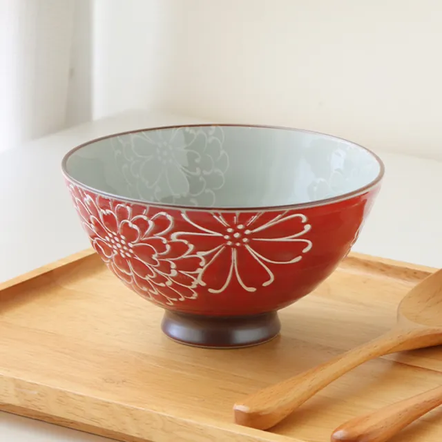 【Just Home】日本製美濃燒陶瓷5吋碗300ml-紅菊(深丸大平碗 可微波 碗 飯碗 碗盤)