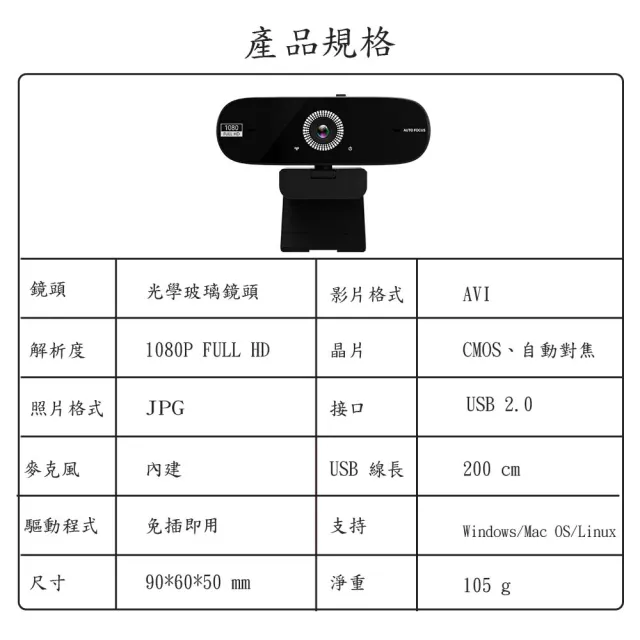 【JINPEI 錦沛】1080P FHD 全自動對焦 網路視訊攝影機  視訊鏡頭  Webcam 防窺蓋(JW-07B-A)