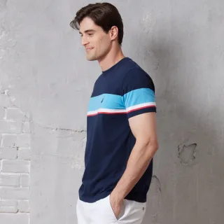 【NAUTICA】官方旗艦 男裝 跳色拼接條紋短袖T恤(藍色)