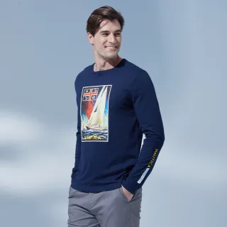【NAUTICA】官方旗艦 男裝 復古帆船圖騰印花長袖T恤(藍色)