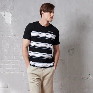 【NAUTICA】官方旗艦 男裝 品牌LOGO刺繡條紋短袖T恤(黑色)