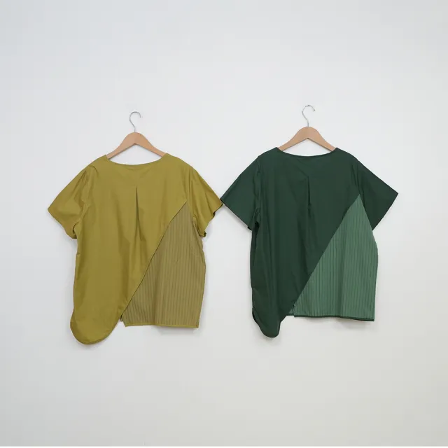 【MOSS CLUB】弧形下襬剪接圓領短袖上衣(綠 黃)