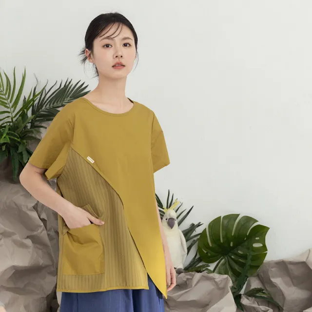 【MOSS CLUB】弧形下襬剪接圓領短袖上衣(綠 黃)