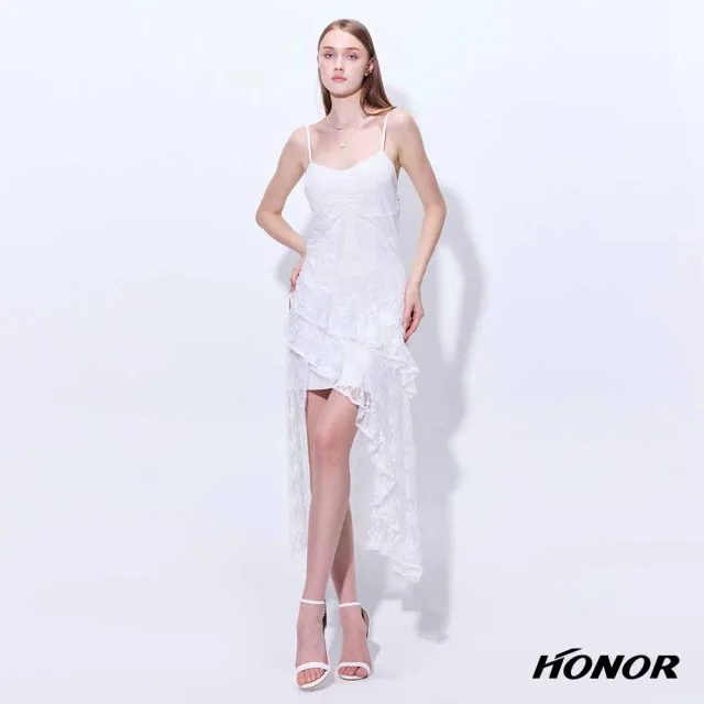 【HONOR 山形屋】出清品 優雅蕾絲斜襬剪裁細肩洋裝-白(限定出清)