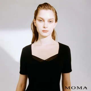 【MOMA】簡約M+ 高雅透膚鑽石領短袖上衣(黑色)