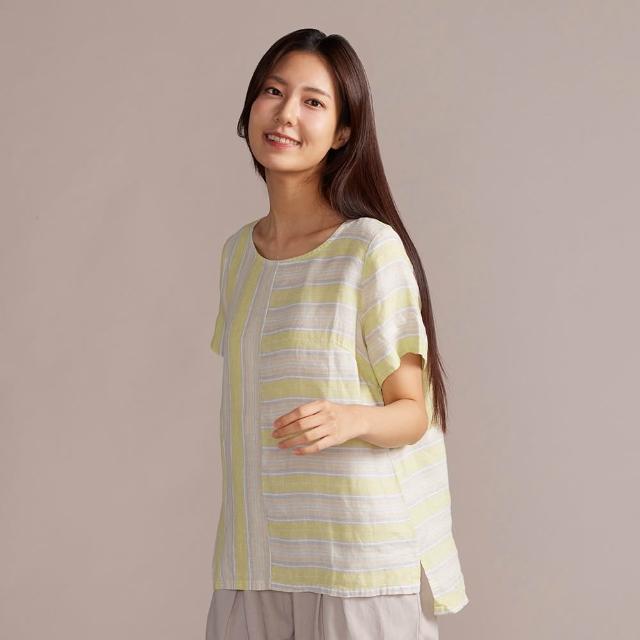 【YVONNE 以旺傢飾】網路限定｜寬條紋拼接亞麻短袖上衣-淺綠