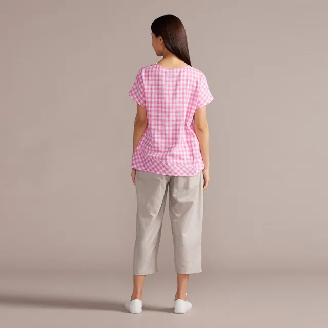 【YVONNE 以旺傢飾】網路限定｜雙層棉格紋拼接短袖上衣
