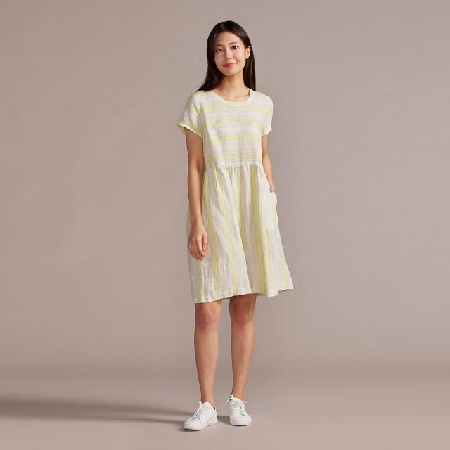 【YVONNE 以旺傢飾】網路限定｜寬條紋拼接亞麻短袖洋裝-淺綠