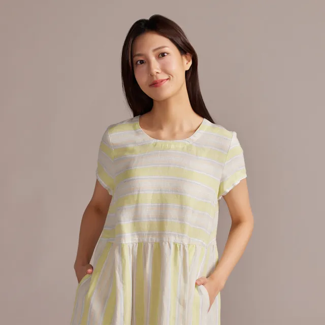 【YVONNE 以旺傢飾】網路限定｜寬條紋拼接亞麻短袖洋裝-淺綠