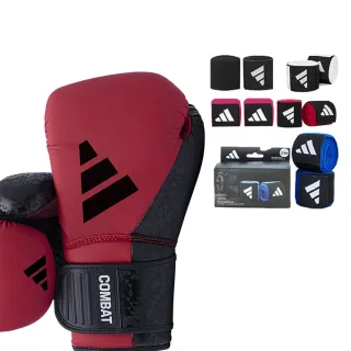【adidas 愛迪達】Combat 50 紅黑拳擊手套+新款3.5手綁帶超值組(拳擊 泰拳 格鬥 搏擊 拳套 健身 有氧)