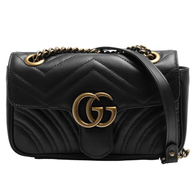 【GUCCI 古馳】GUCCI matelasse系列仿舊金色雙G LOGO牛皮山字車紋壓釦肩/斜背包(小-黑446744-DTDID-1000)