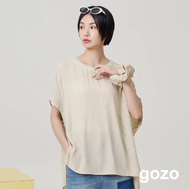 【gozo】水洗風涼感竹纖維抽皺連袖上衣(淺卡其)