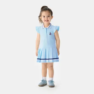 【GAP】女幼童裝 Logo小熊刺繡布章翻領無袖洋裝 布萊納系列-淺藍色(767078)