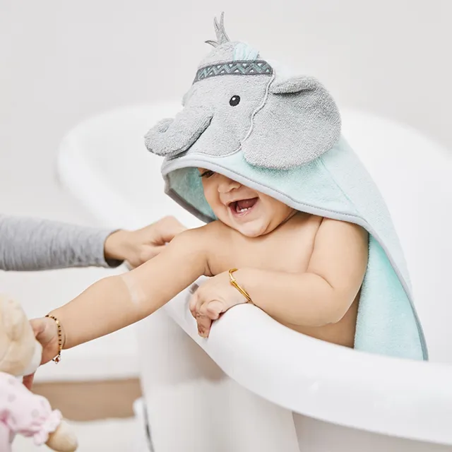 【Hudson Baby】彌月禮盒組-純棉嬰幼兒童動物連帽浴巾+嬰兒成長紀錄萬用透氣竹纖維雙層紗布包巾(哺乳巾)