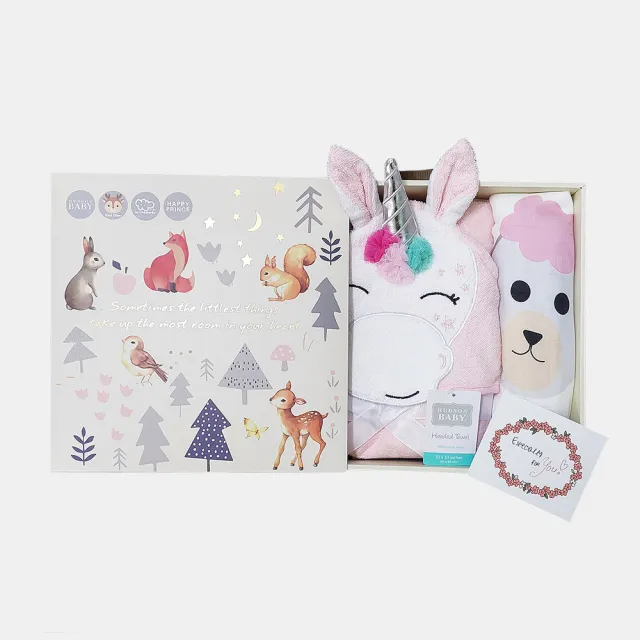 【Hudson Baby】彌月禮盒組-純棉嬰幼兒童動物連帽浴巾+嬰兒成長紀錄萬用透氣竹纖維雙層紗布包巾(哺乳巾)
