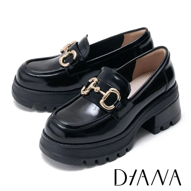 【DIANA】皮革鏡面馬銜釦厚底樂福鞋(黑色)