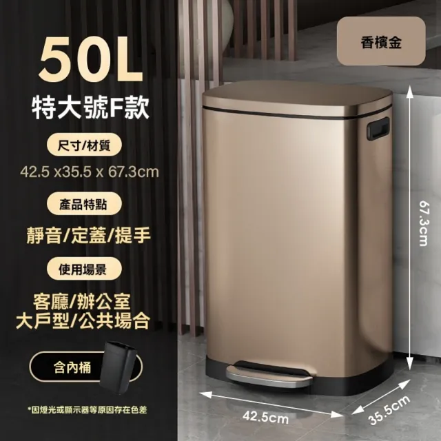 【巧可】401不鏽鋼垃圾桶 50L大容量帶蓋商用垃圾桶 無指紋鏡面腳踏式垃圾桶 液壓阻尼 靜音緩降