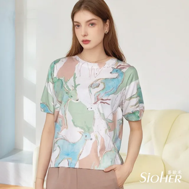 【SiOHER 熹歐禾】現貨 法式手繪印染鑽飾真絲衣(女上衣/圓領/T恤)