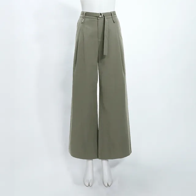 【OUWEY 歐薇】本布腰帶莫代爾寬直筒長褲(深綠；S-L；3252396644)