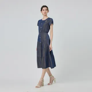 【ILEY 伊蕾】排釦縲縈牛仔蛋糕洋裝(深藍；M-XL；1252318754)